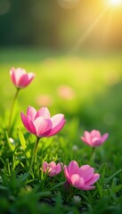 Obraz premium Soft pink petals fall gently on the lush green meadow, flowers, blossom, pink