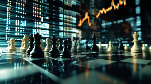 An aerial view of a chessboard with key pieces in a tense standoff, while a live stock market index scrolls across a dark futuristic screen in the distance.