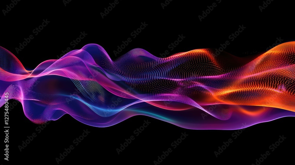 Poster colorful digital particles flow in an abstract wave, capturing the essence of energy and technologic