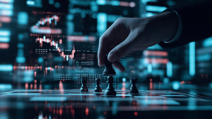 A hand moving a knight piece on a chessboard, with a blurred digital stock market interface in the background, illustrating strategic decision-making in trading.