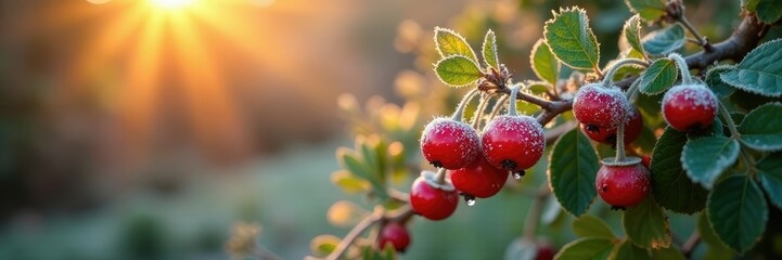 Obraz premium Frosty rosehip bush with red berries in morning sun, morning, green