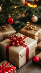 Beautifully wrapped gifts with festive decorations under a Christmas tree.