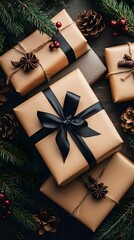 Elegant gift boxes with black bows surrounded by pinecones and festive greenery.