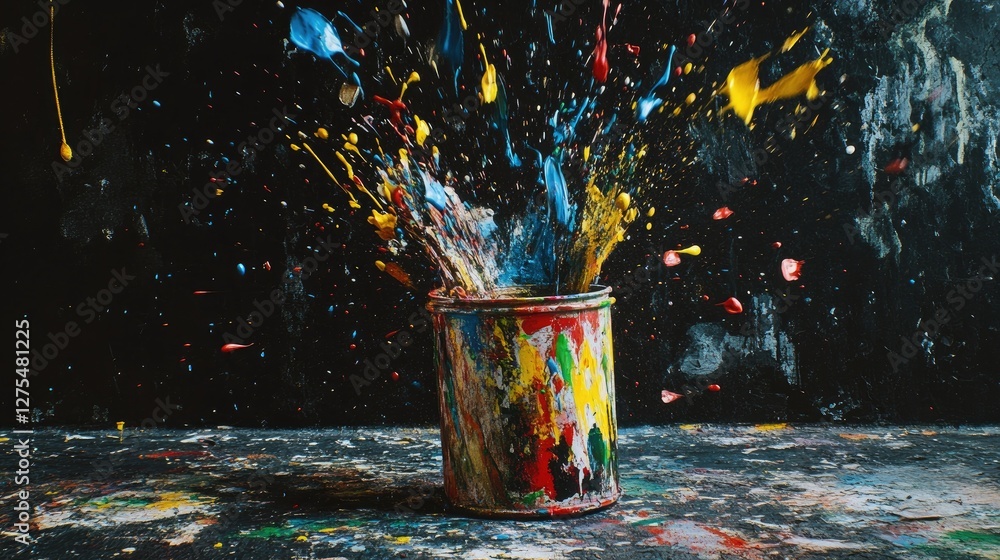 Poster colorful splatters of paint bursting from a paint can, set against a dark backdrop, creating a dynam
