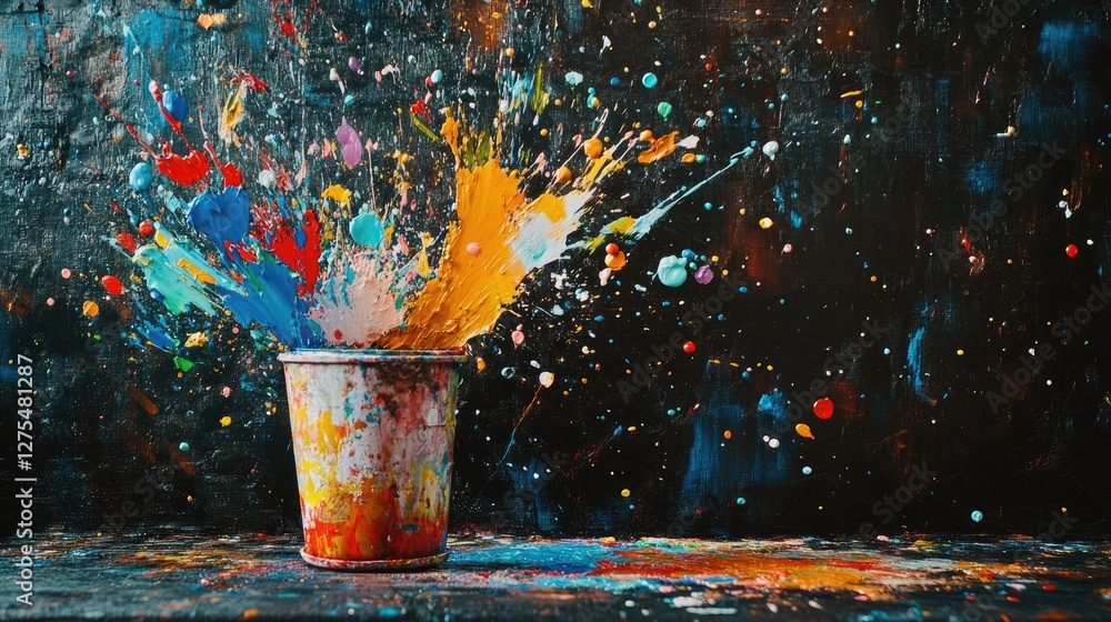 Poster colorful splatters of paint bursting from a paint can, set against a dark backdrop, creating a dynam
