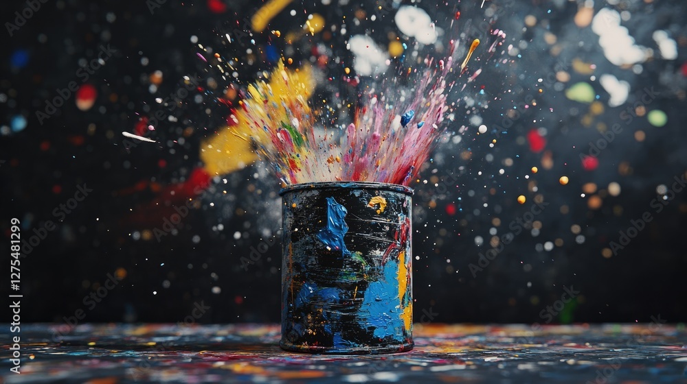 Aufkleber Colorful splatters of paint bursting from a paint can, set against a dark backdrop, creating a dynamic and visually striking artistic scene