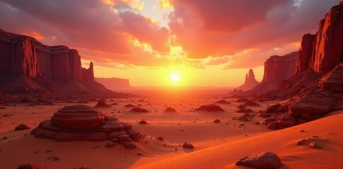 Sunset over vast orange desert landscape with twisted rock formations, abstract landscape, surrealism, natural wonders