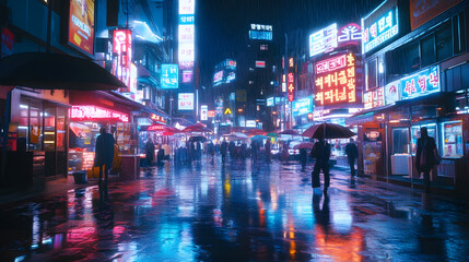 Vibrant city nightlife, bustling crowds reflecting in wet streets, neon lights illuminating a lively urban atmosphere, ideal for travel themes.