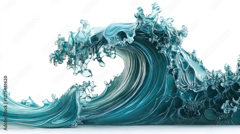 Poster detailed turquoise sea wave with textured patterns, set against a pure white background, highlightin