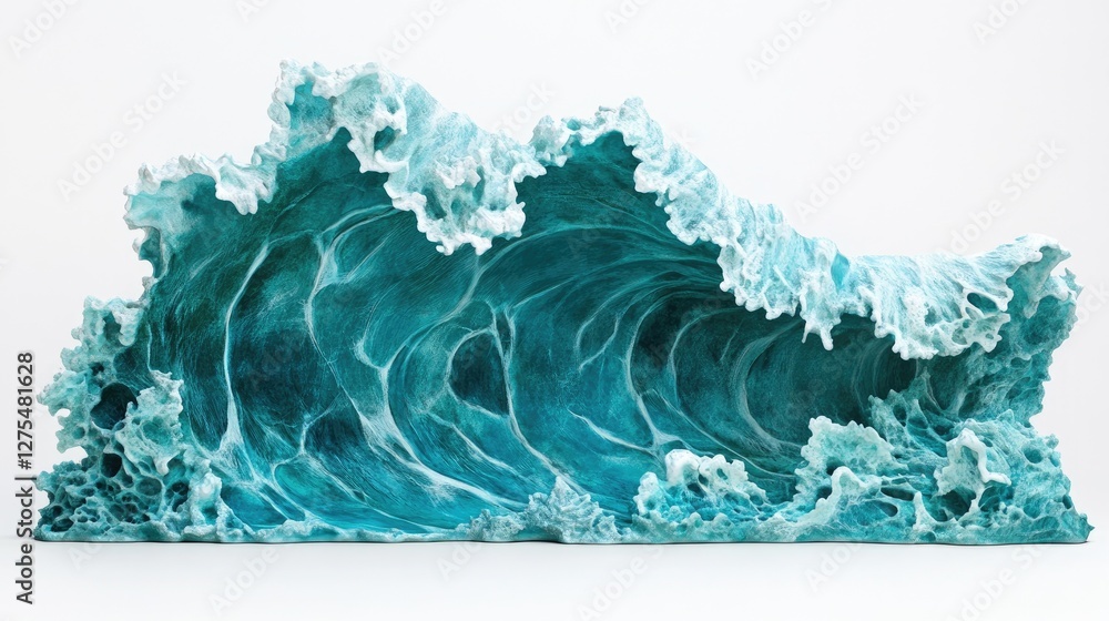 Poster detailed turquoise sea wave with textured patterns, set against a pure white background, highlightin