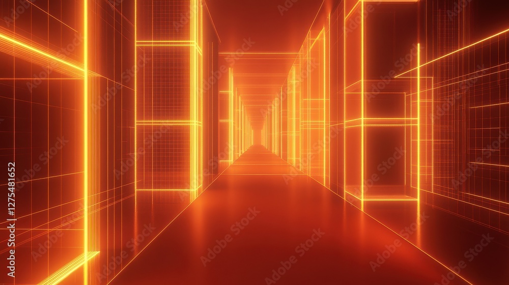 Poster futuristic neon corridor with glowing lines and 3d grid design
