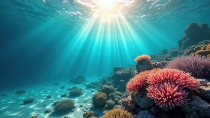 Obraz premium Colorful coral reef underwater with sunlight rays illuminating sandy seabed 