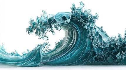 Detailed turquoise sea wave with textured patterns, set against a pure white background, highlighting the beautiful, intricate curves and crest of the wave