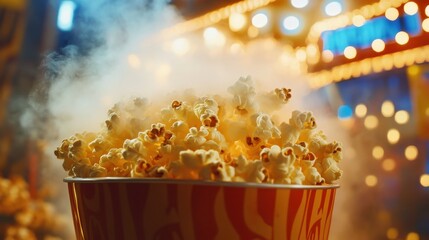 Freshly Popped Popcorn in a Movie Theater Environment with Steam