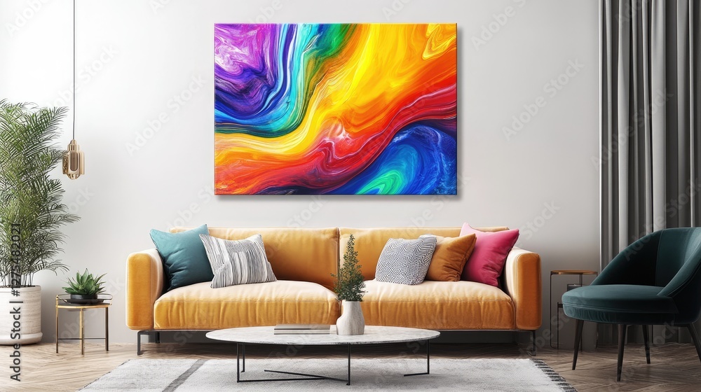 Poster Dynamic, colorful fluid art on canvas with intertwining swirls and vibrant hues, forming an abstract and captivating visual display