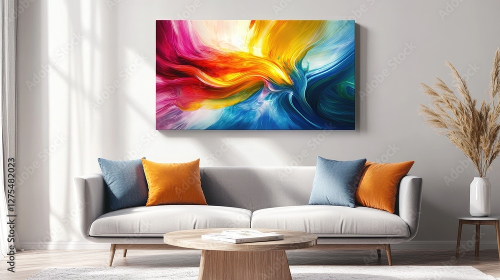 Poster Dynamic, colorful fluid art on canvas with intertwining swirls and vibrant hues, forming an abstract and captivating visual display