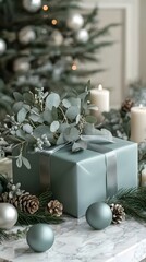 Elegant teal gift box with greenery, surrounded by candles and ornaments.