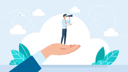 Hand holding a business man using telescope. Businessman standing on giant's hand using telescope. A businessman standing on giant palm and looking through binoculars. Vector  illustration