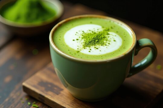 Hojicha latte with a sprinkle of matcha powder on top, coffee substitute, matcha
