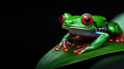 Fototapeta premium Vibrant red-eyed tree frog on leaf tropical rainforest close-up photography dark background nature's beauty