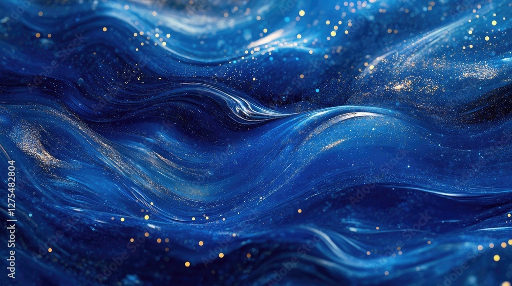Poster Elegant abstract blue waves swirl across the background, adorned with sparkling effects that add depth and beauty to the design