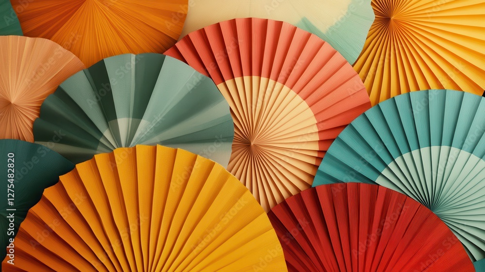 Poster colorful paper fans in various shapes and patterns on display