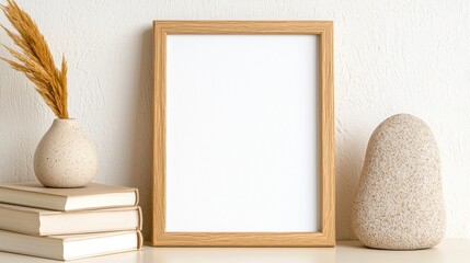Minimalist Display of an Empty Wooden Photo Frame with Decorative Elements on a Shelf