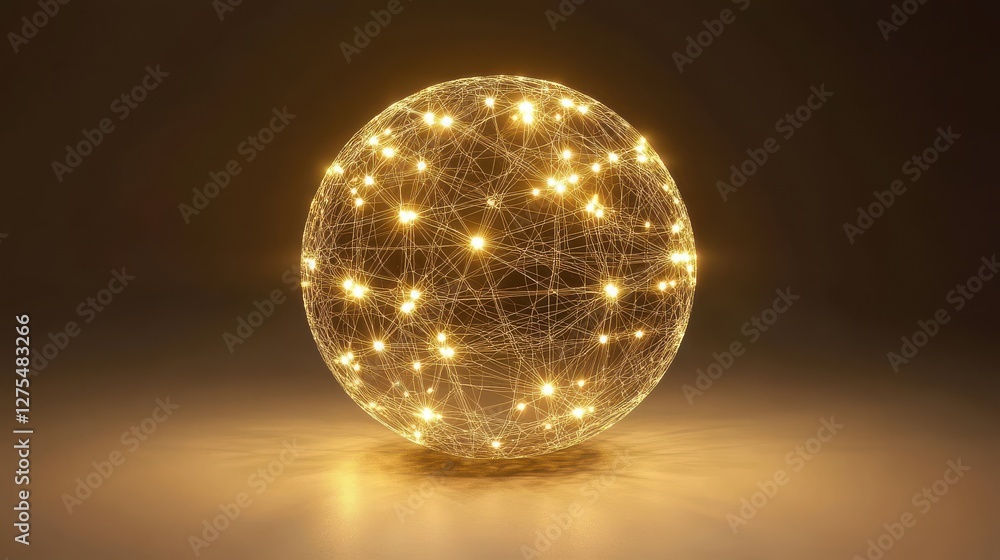 Poster glowing sphere with connected nodes and lights on dark background
