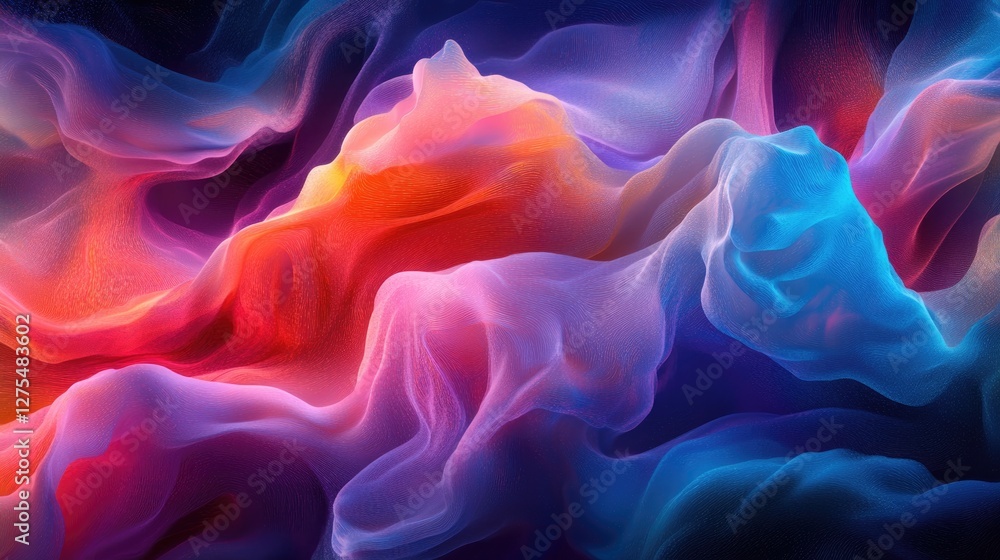 Poster flowing digital particles in an abstract wave of vibrant colors, representing energy and technology 