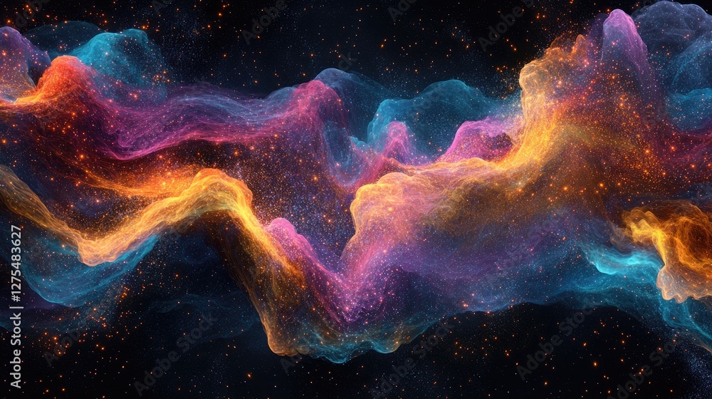 Poster flowing digital particles in an abstract wave of vibrant colors, representing energy and technology 
