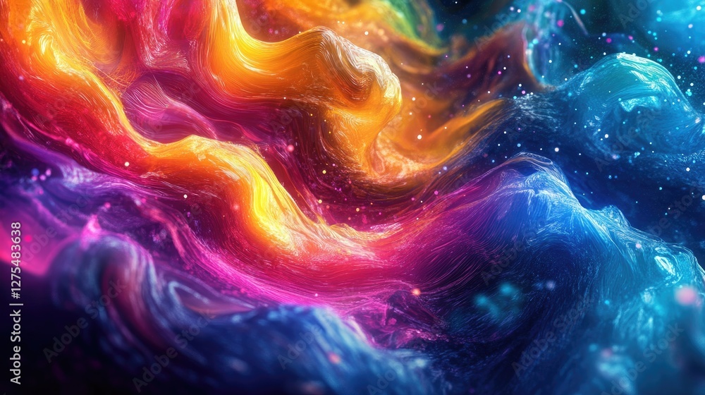 Poster flowing digital particles in an abstract wave of vibrant colors, representing energy and technology 