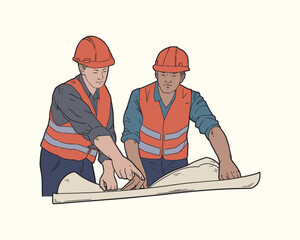 Hand draw Illustration of manager listening construction concept presentation from architect. Building architecture business concept. Vector flat color.