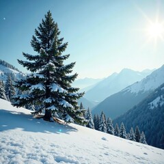 Fototapeta premium majestic pine tree rises above a snowy expanse, pine tree, evergreen