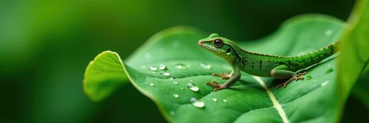 Fototapeta premium Water droplets glisten on the surface of a lamb's ear leaf as a green anole lizard climbs up, , wildlife