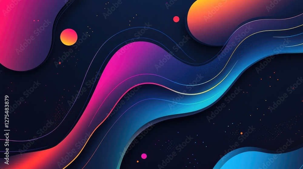 Poster Fluid 3D shapes with metallic textures and gradient colors, creating a striking abstract design on a dark background, full of futuristic appeal