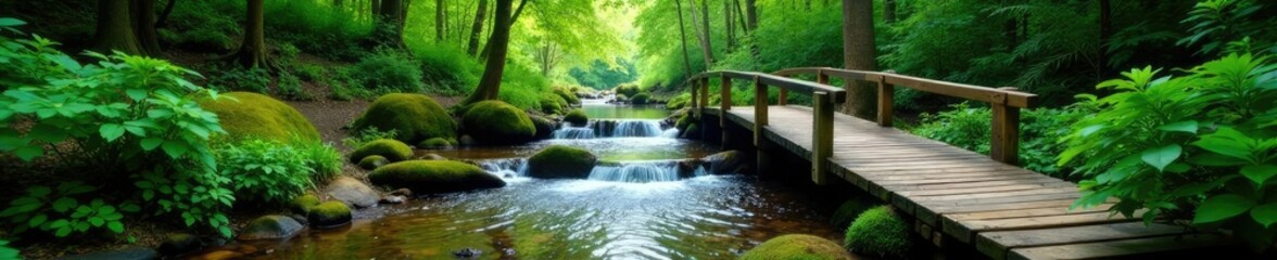 Water flows over a wooden footbridge in the midst of lush green forest, scenery, water