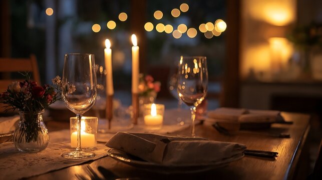Una cena rom&aacute;ntica iluminada por candiles y luces suaves en un ambiente acogedor.