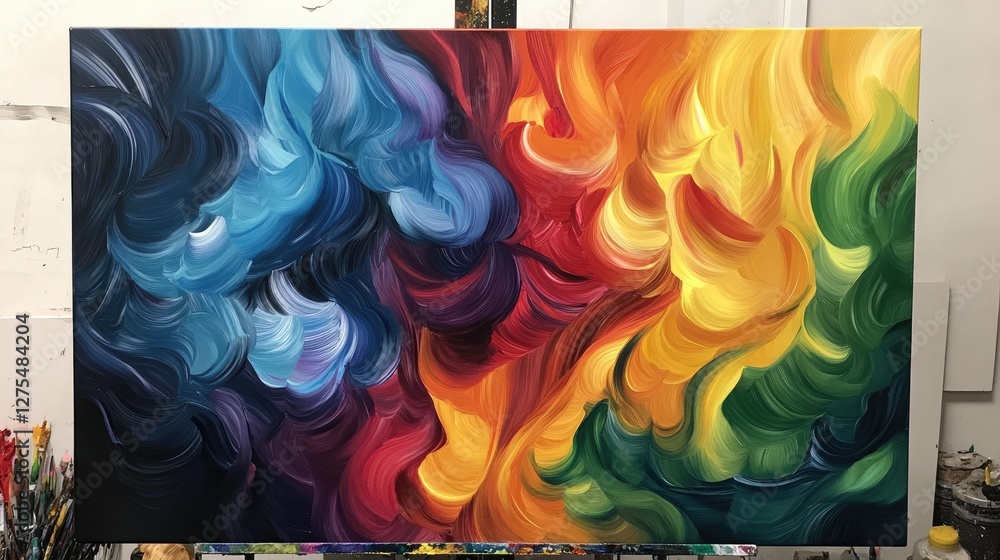 Poster Fluid art with vibrant swirling tendrils of color, blending and intertwining to create a captivating abstract design that draws the viewer eye
