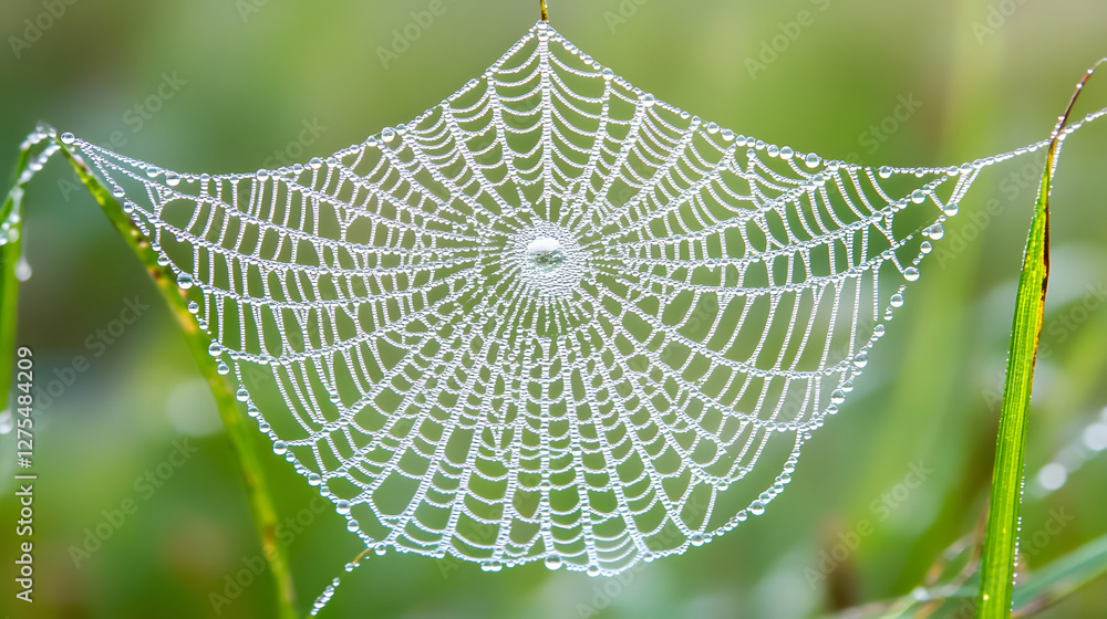 Aufkleber a delicate spider web glistens with dew in a lush green environment, showcasing intricate patterns a