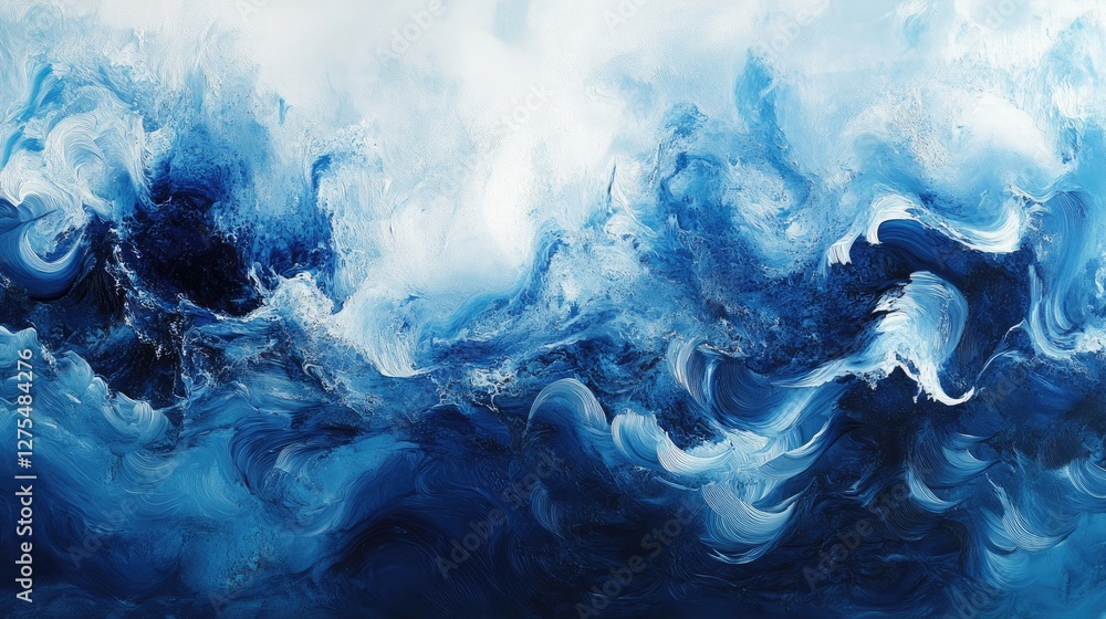 Poster Fluid blue wave-like patterns in a dynamic horizontal layout, creating an abstract background with depth, movement, and visual excitement