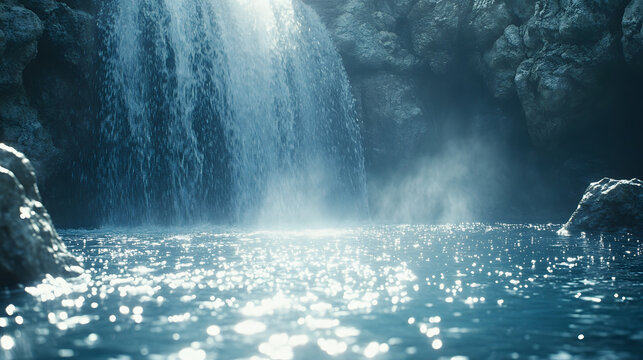A serene waterfall cascades into a clear blue pool, surrounded by rocky terrain, with sunlight reflecting on the water's surface