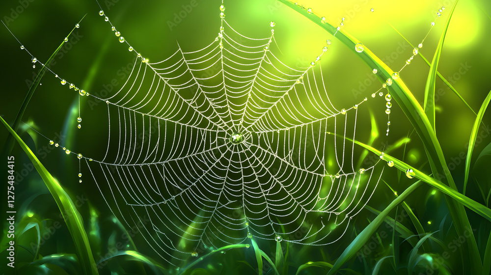 Poster a delicate spider web glistens with dew on green grass, illuminated by soft, natural light, creating