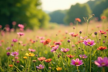 Fototapeta premium Wildflowers swaying gently in the warm breeze, pink, trees, wind