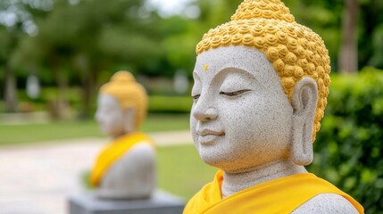 Close-Up of Stone Buddha Statue with Yellow Fabric in Serene Garden Setting