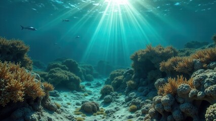Naklejka premium Underwater coral reef with sunlight rays illuminating sandy seabed and corals 