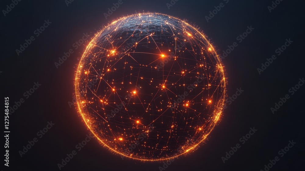 Poster digital representation of a glowing network sphere in space