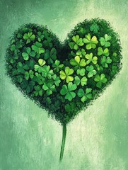 Un corazón verde formado por tréboles, simbolizando amor y buena suerte en un fondo suave y armonioso.