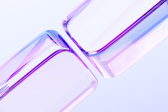 Abstract 3d background wallpaper with glass transparent cube blocks, colorful light iridescent holographic gradient. Crystal render square plates, digital graphic design tech banner. 3D illustration