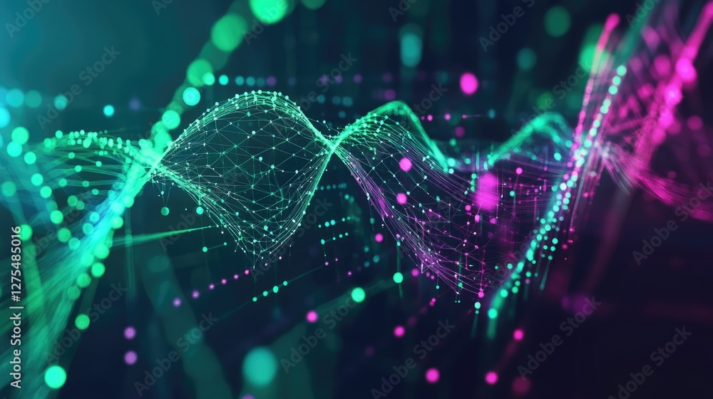 Poster Geometric patterns in green and violet, creating a dynamic flow of data science concepts with a subtle nod to the speed and flexibility of Julia programming