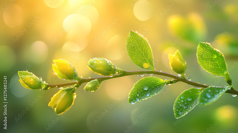 Poster dew-kissed green leaves and buds glisten in soft sunlight, creating a serene and refreshing atmosphe